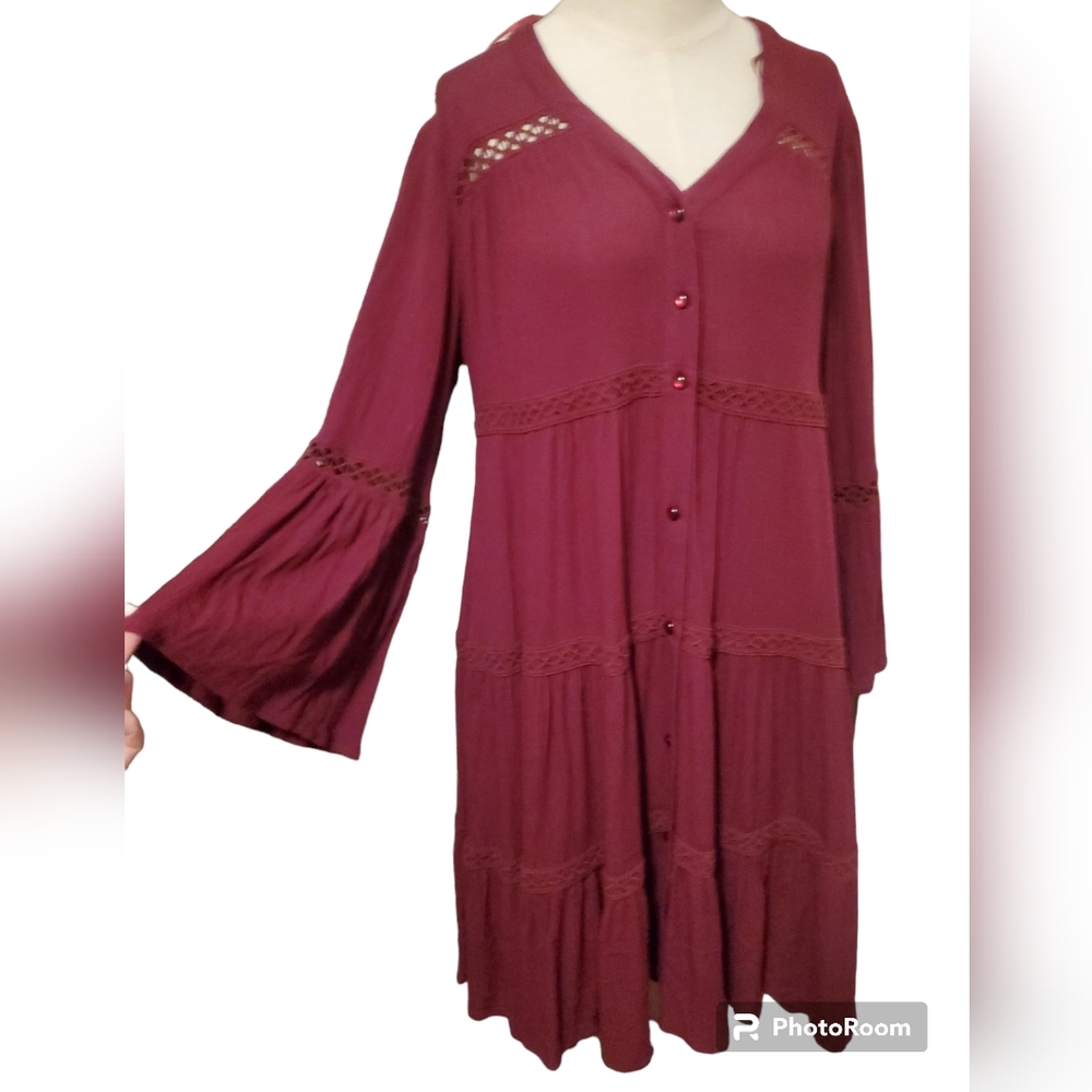 Burgundy Dress, button up with flared sleeves. New